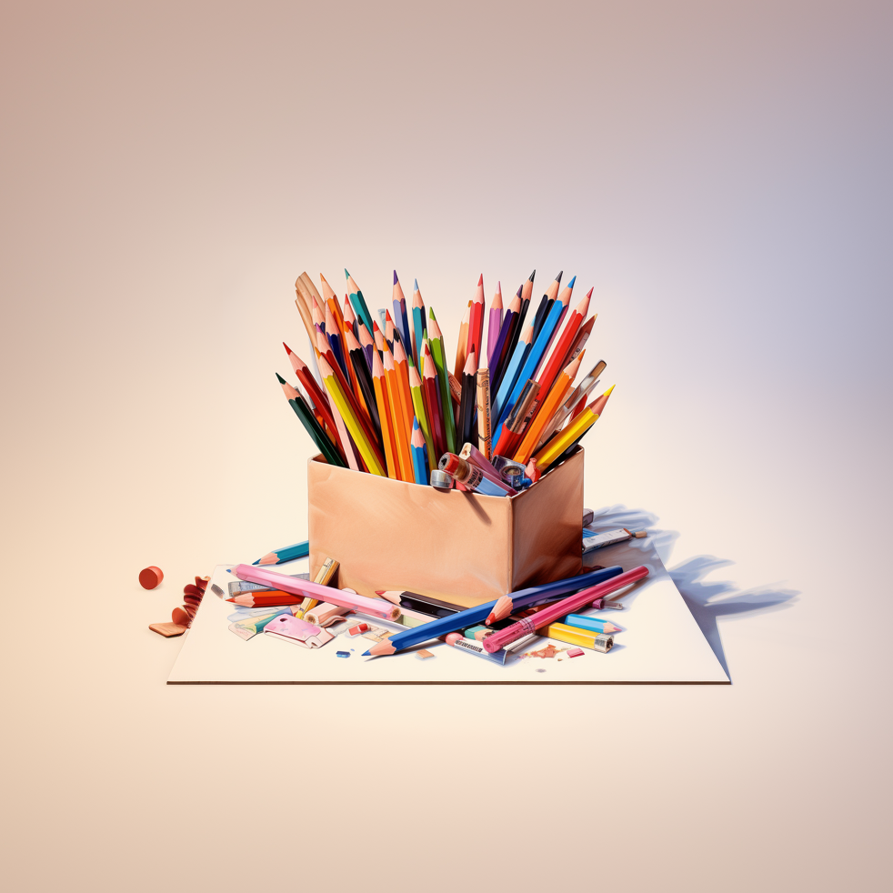 pens and pencils in a box